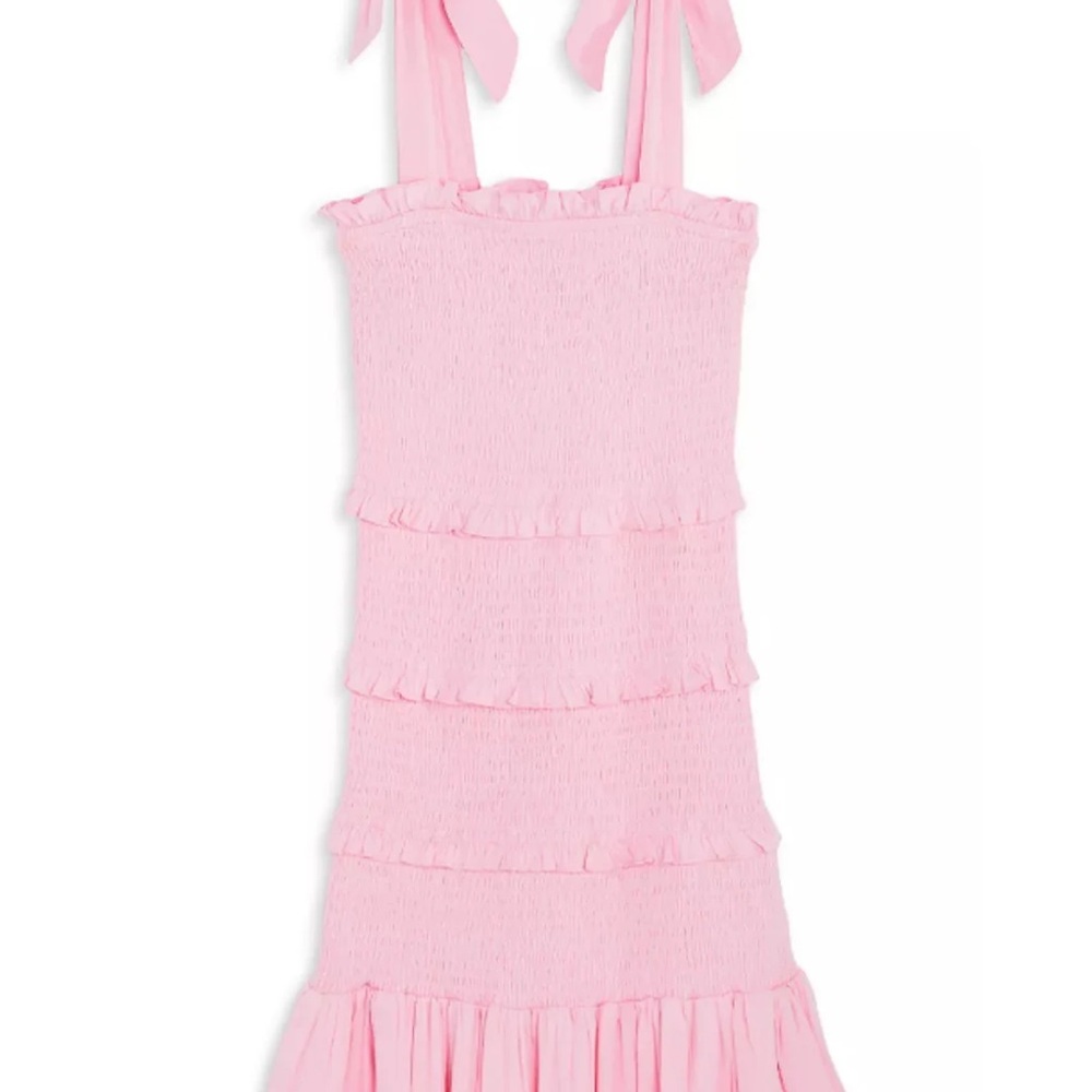 Katie J NYC Evan Square Neck Tie Shoulder Solid Smocked Dress, Pink